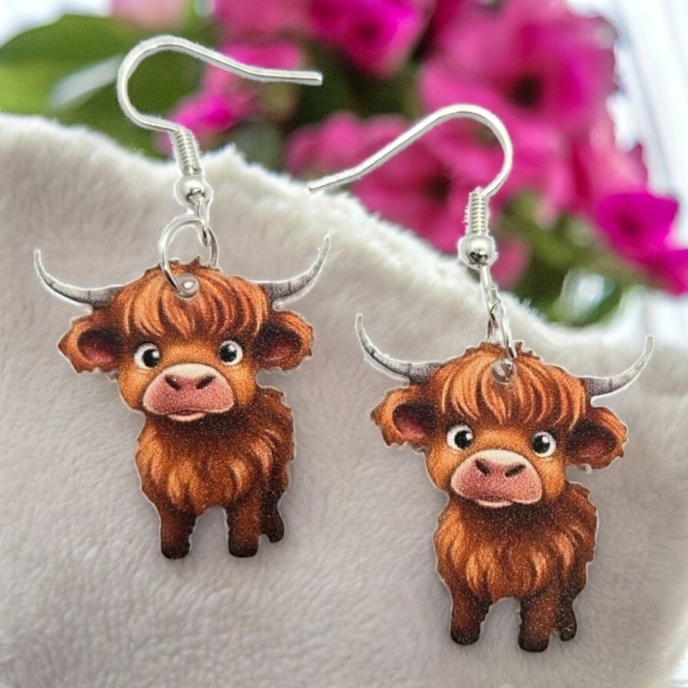 Highland Cow Dangle Earrings Drop Jewelry Rustic Boho Scottish Bovine Acrylic